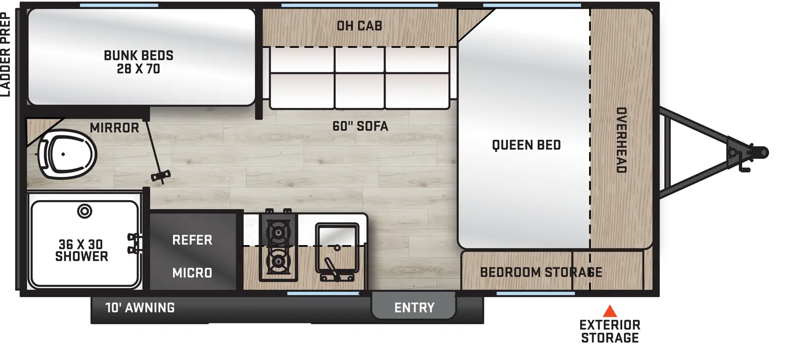 The 164BHX has no slide outs with one entry door on the door side, front storage, and 10 foot awning. Interior layout from front to back: side facing queen bed with cabinets overhead and door side bedroom storage, kitchen living dining area with 60 inch sofa and overhead cabinet on the off-door side, on the door side sink, stove and refrigerator with microwave and cabinets overhead. Bathroom located on the rear door side with shower and toilet only, bunk beds located on the rear off-door side. 